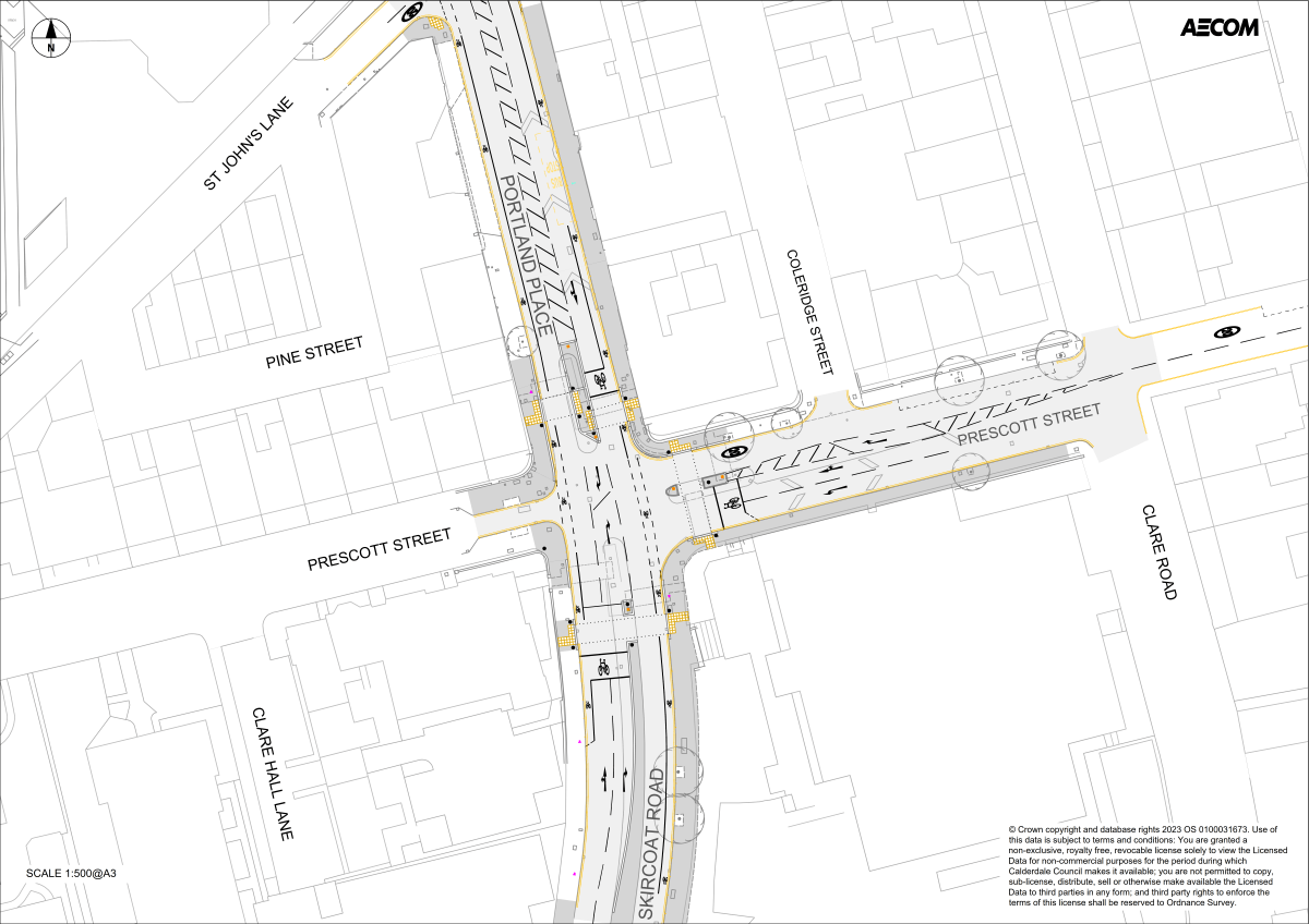 Drawing showing proposals for changes to road layout, kerbs, and cycle routes around the junction of Prescott Street and Skircoat Road.